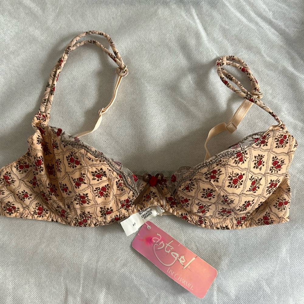 Floral Print Beige Underwire Bra with Lace Trim